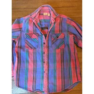 Five Brother Mens Plaid Flannel Shirt Pink Purple Green Cotton Button Down M